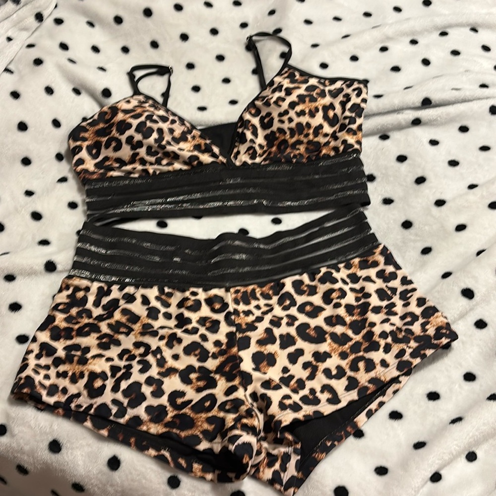 Leopard Mesh Trim Swim Set